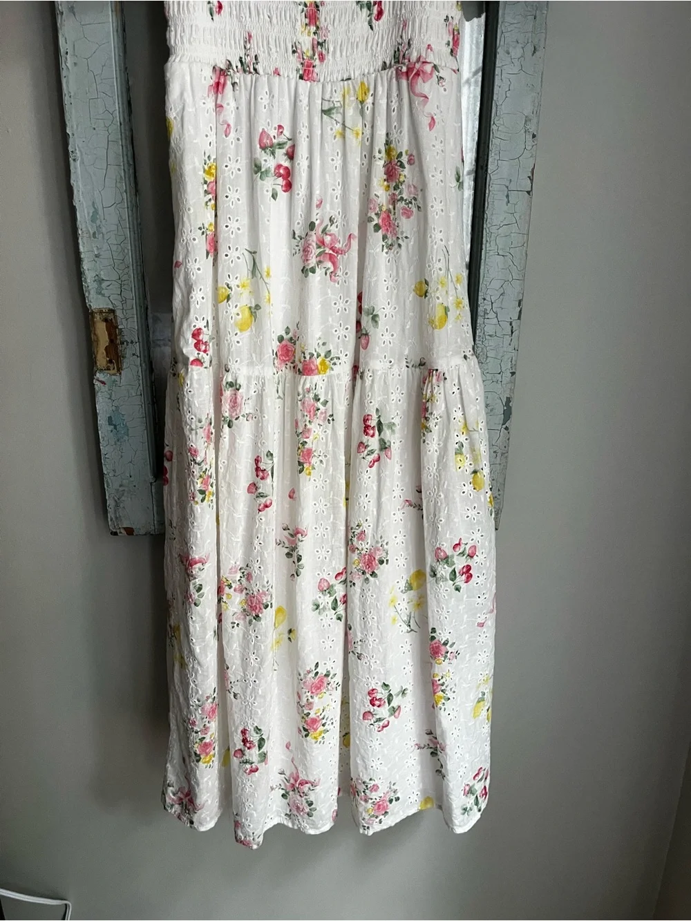 Crystal Sky Floral Eyelet Smocked Midi Dress - Size XS